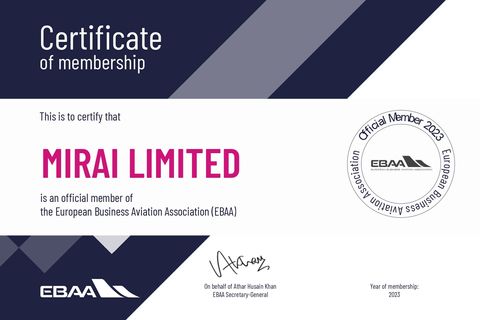 We are pleased to announce that Mirai Flights is now a certified member of the European Business Aviation Association. 